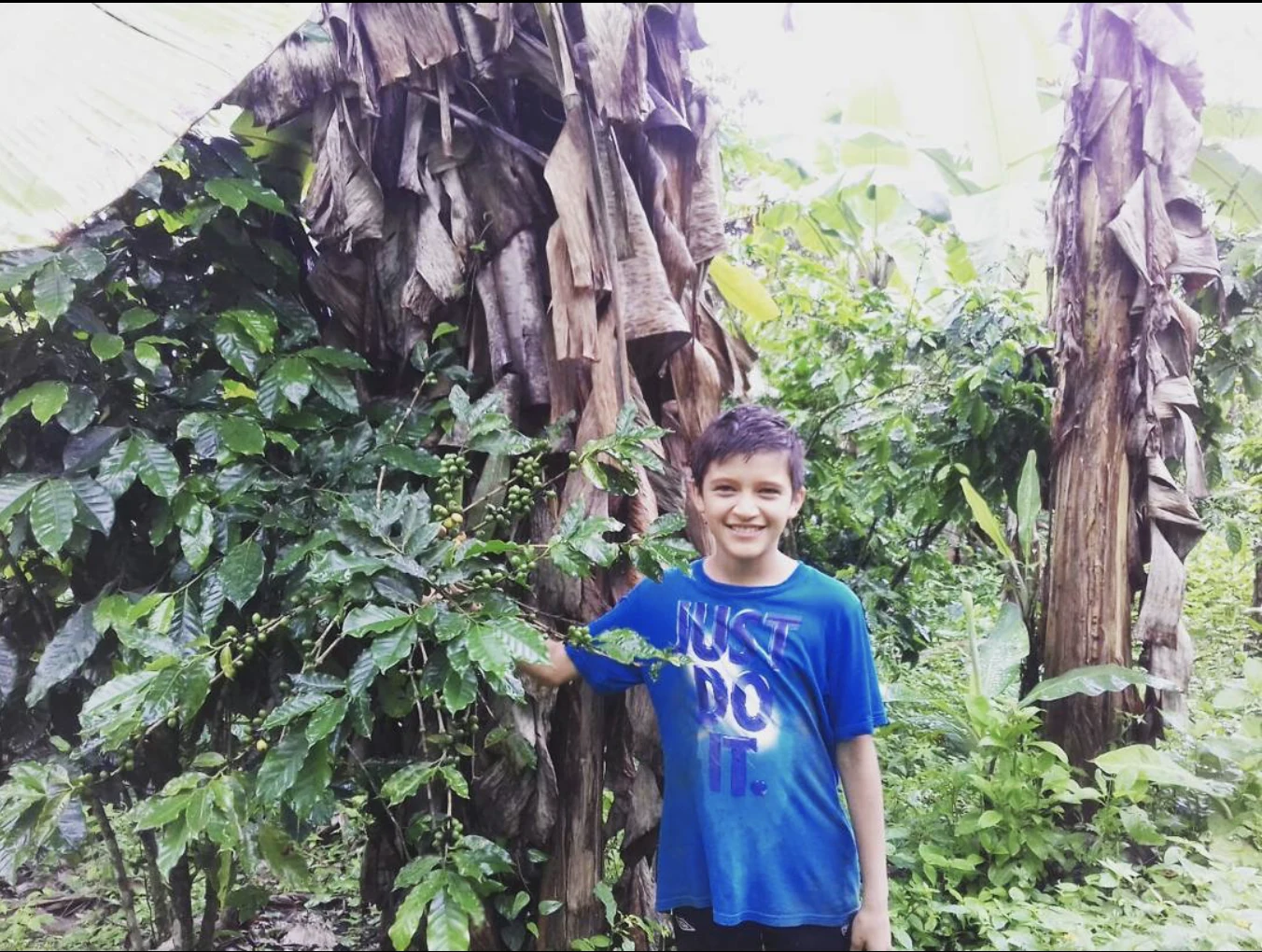 Gael de niño junto a una planta de café en la finca familiar.
