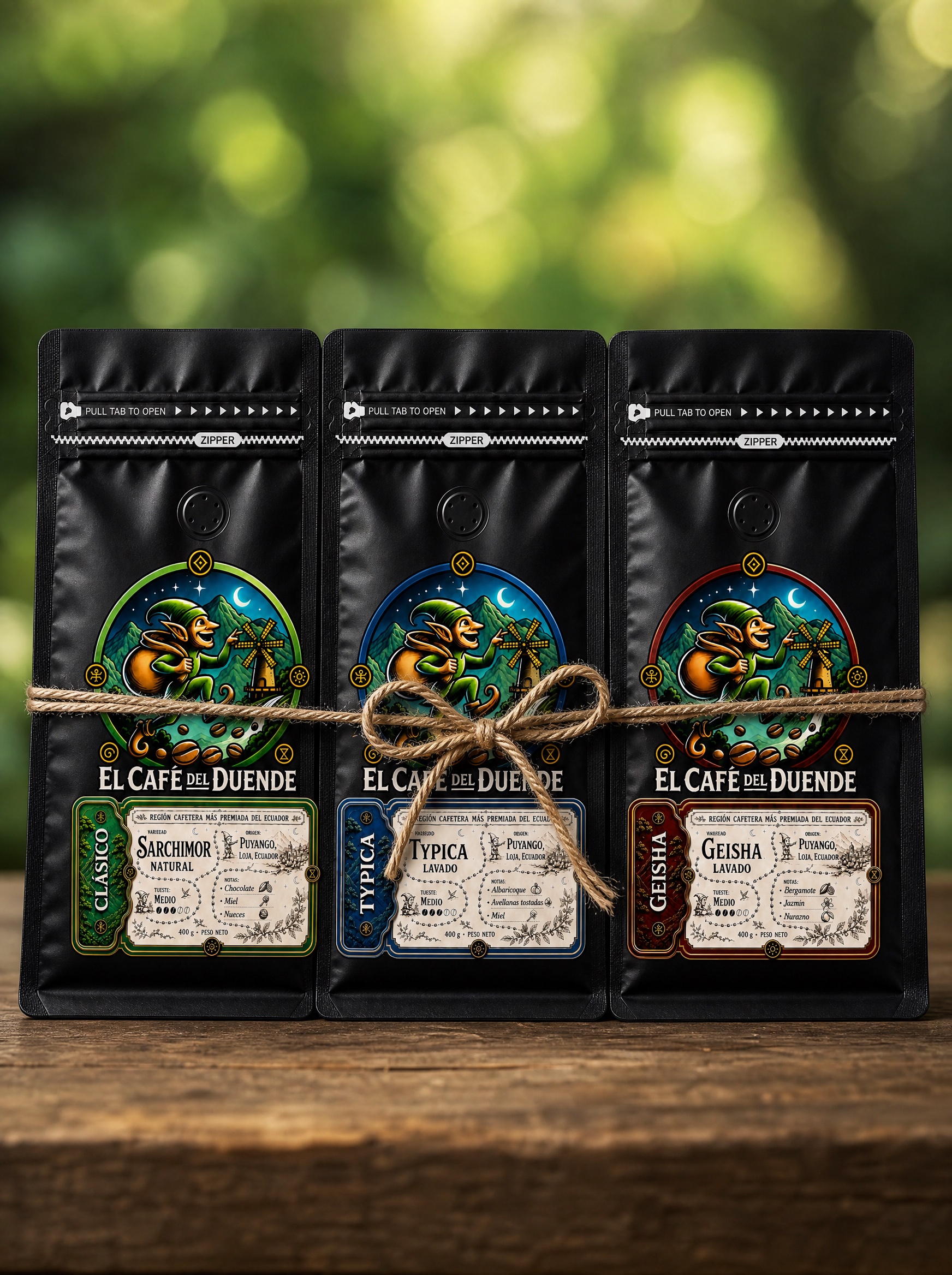 Pack Degustación: Clásico, Typica y Geisha atados juntos.