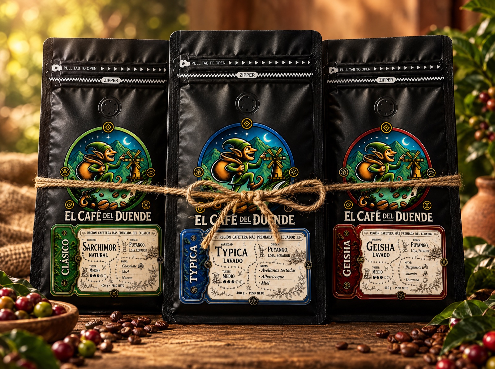 Pack Degustación XL: Clásico, Typica y Geisha en formato grande, fundas de 400g.