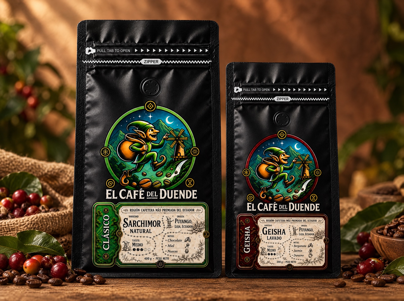 Explorador Geisha: un Clásico de 400g y un Geisha de 200g.