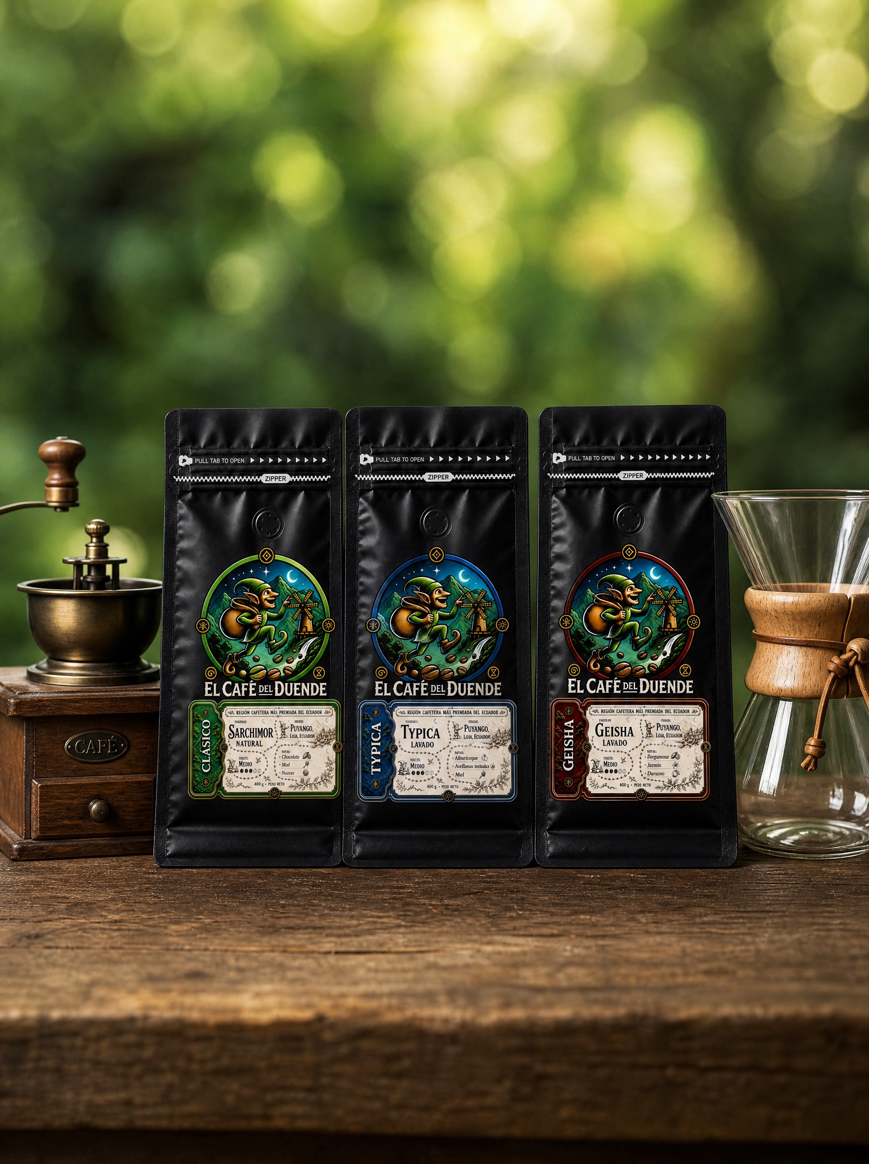 Kit Estación Barista con las 3 variedades, molino y Chemex.