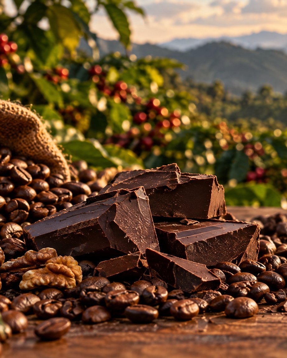 Detalle de granos de café y chocolate con las montañas de Loja al fondo.