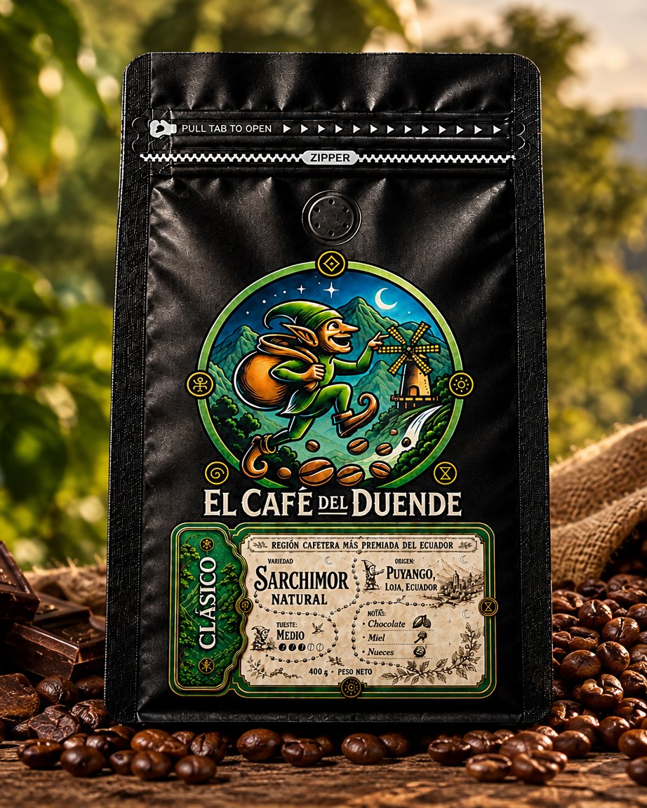 Funda de Clásico sobre una mesa de finca cafetera con granos y chocolate.