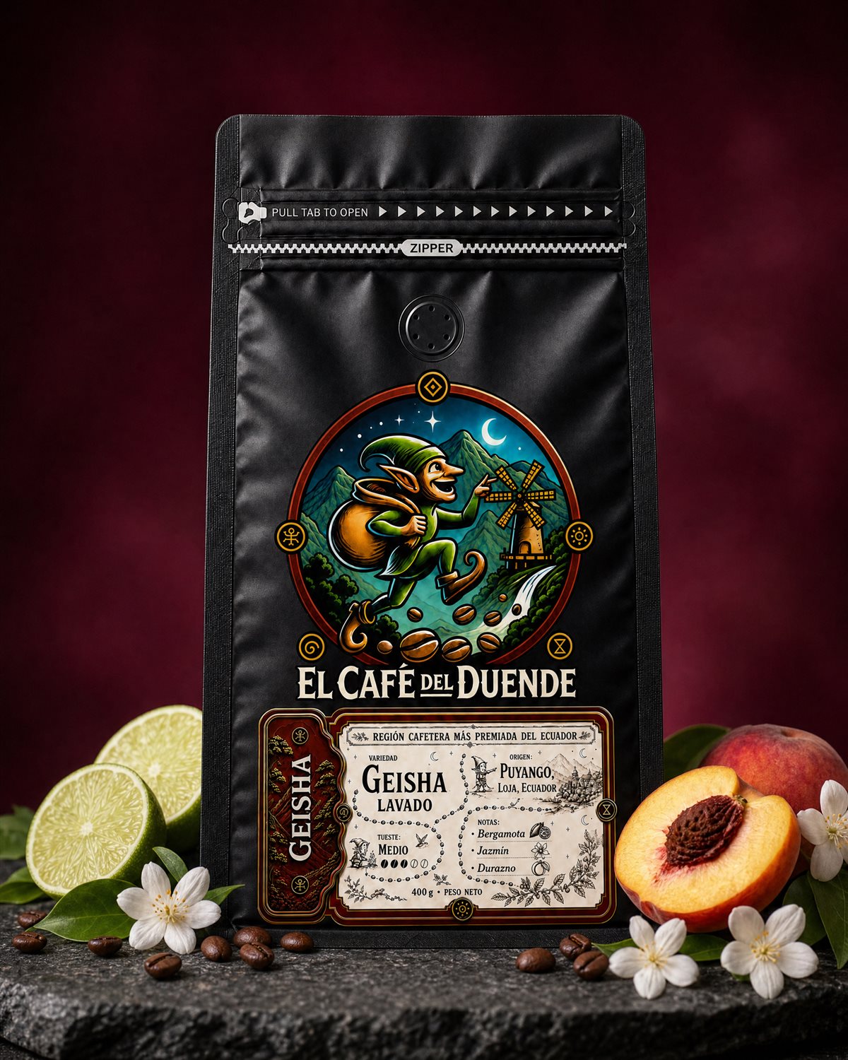 Funda de Geisha, con jazmín y durazno sobre fondo vino.