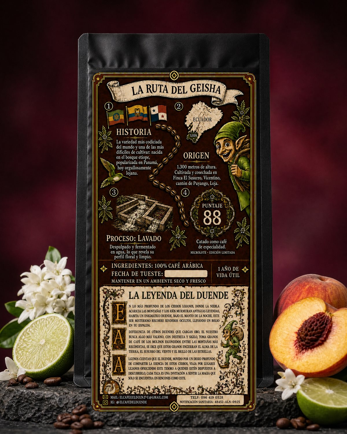 Reverso de la funda de Geisha, con la Ruta del Geisha y la Leyenda del Duende.