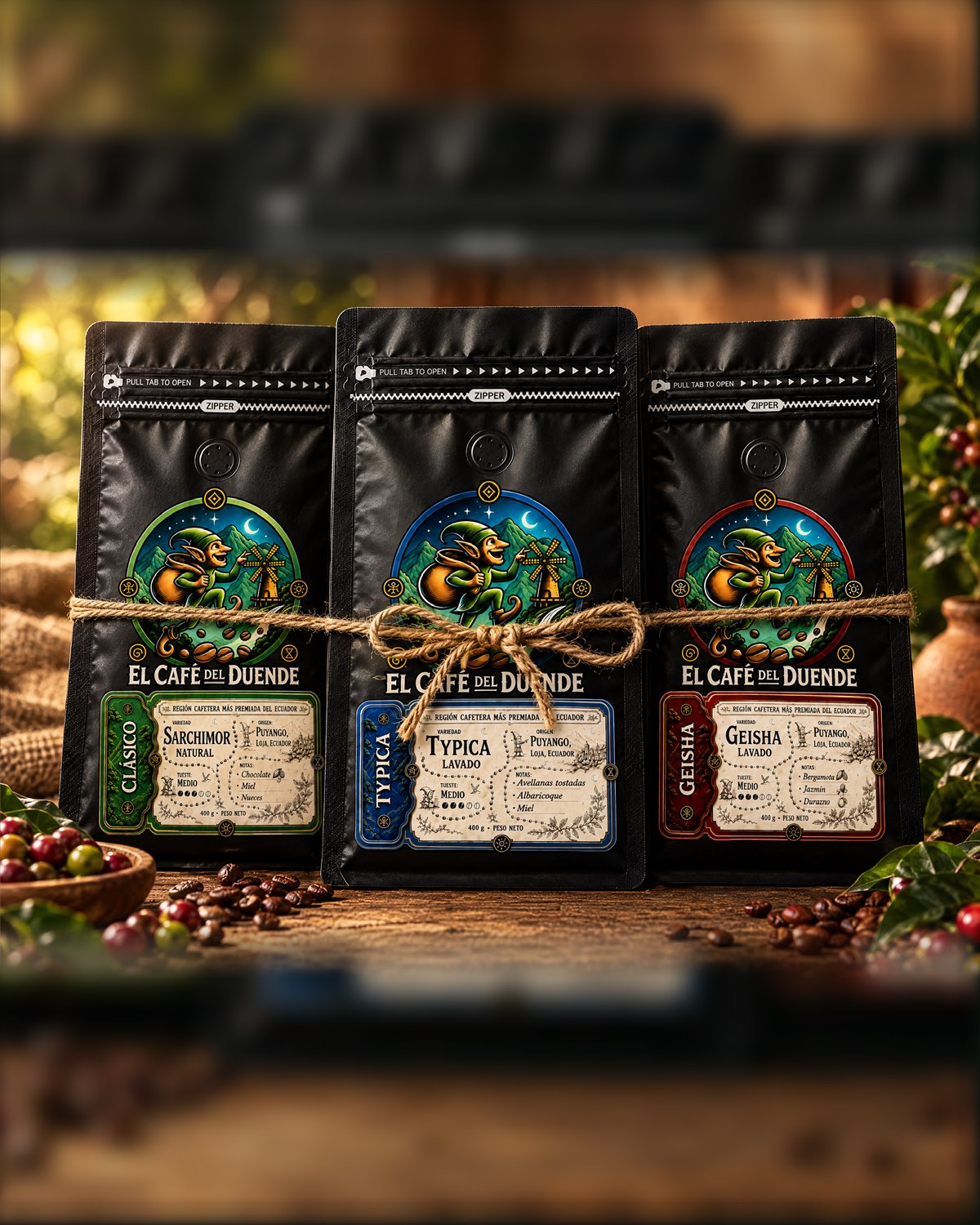 Pack Degustación: las fundas de Clásico, Typica y Geisha atadas con cordel, sobre una mesa de finca cafetera.