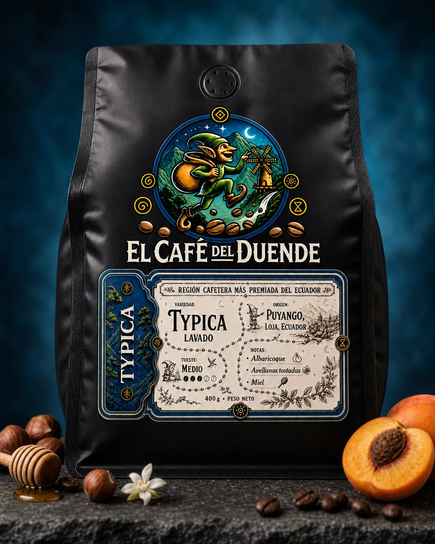 Primer plano de la etiqueta frontal de Typica sobre una funda llena de café.