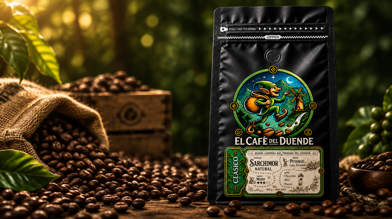 Funda de El Café del Duende, variedad Clásico, sobre mesa de madera con granos de café.