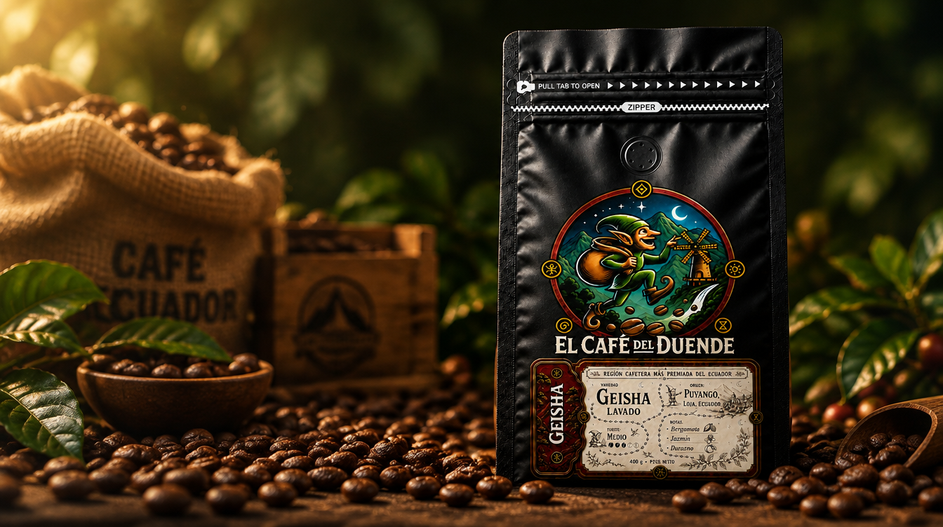 Funda de El Café del Duende, variedad Geisha, sobre mesa de madera con granos de café.