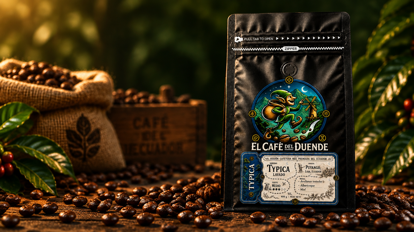 Funda de El Café del Duende, variedad Typica, sobre mesa de madera con granos de café.