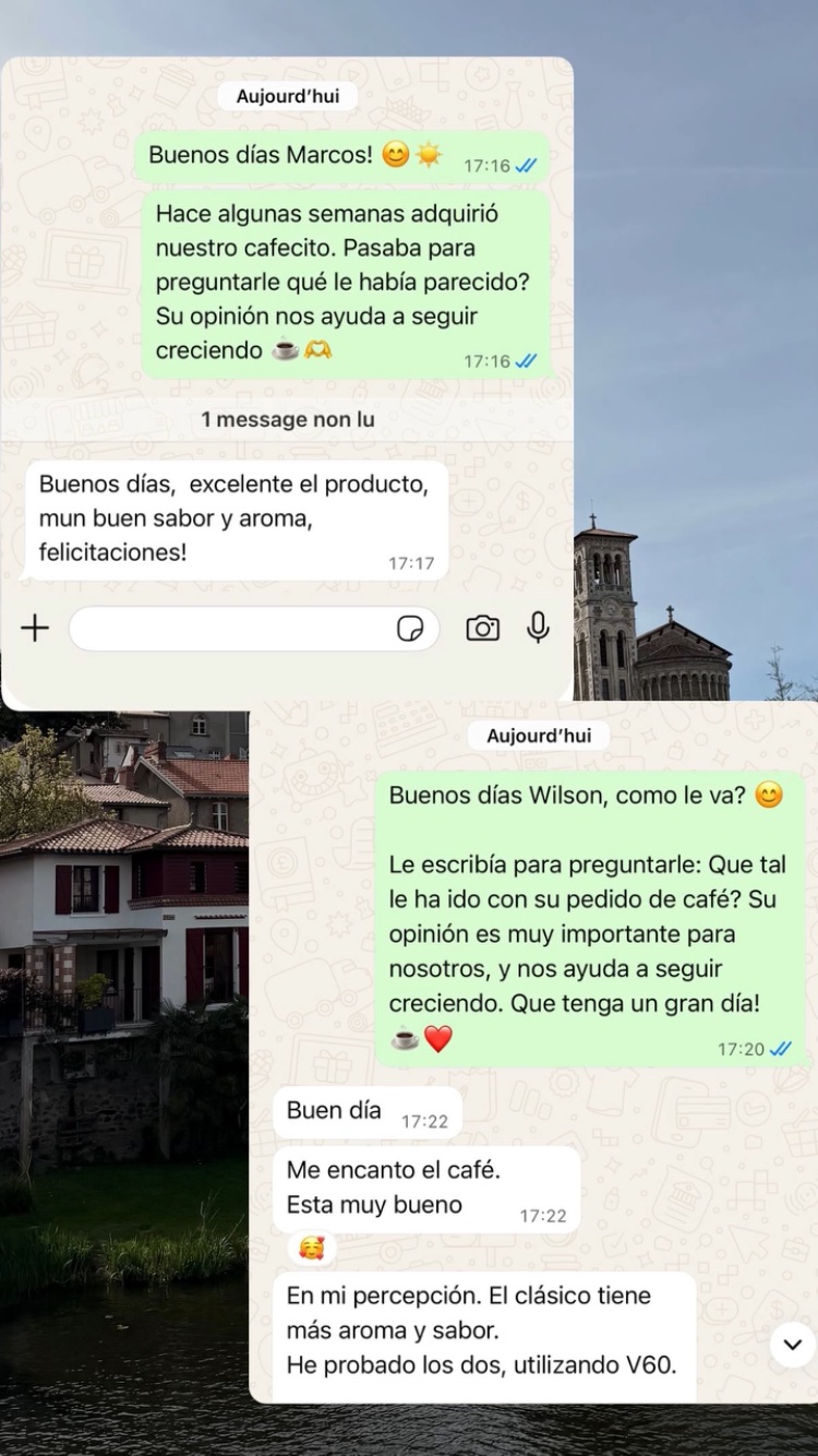Reseñas de clientes compartidas por WhatsApp.