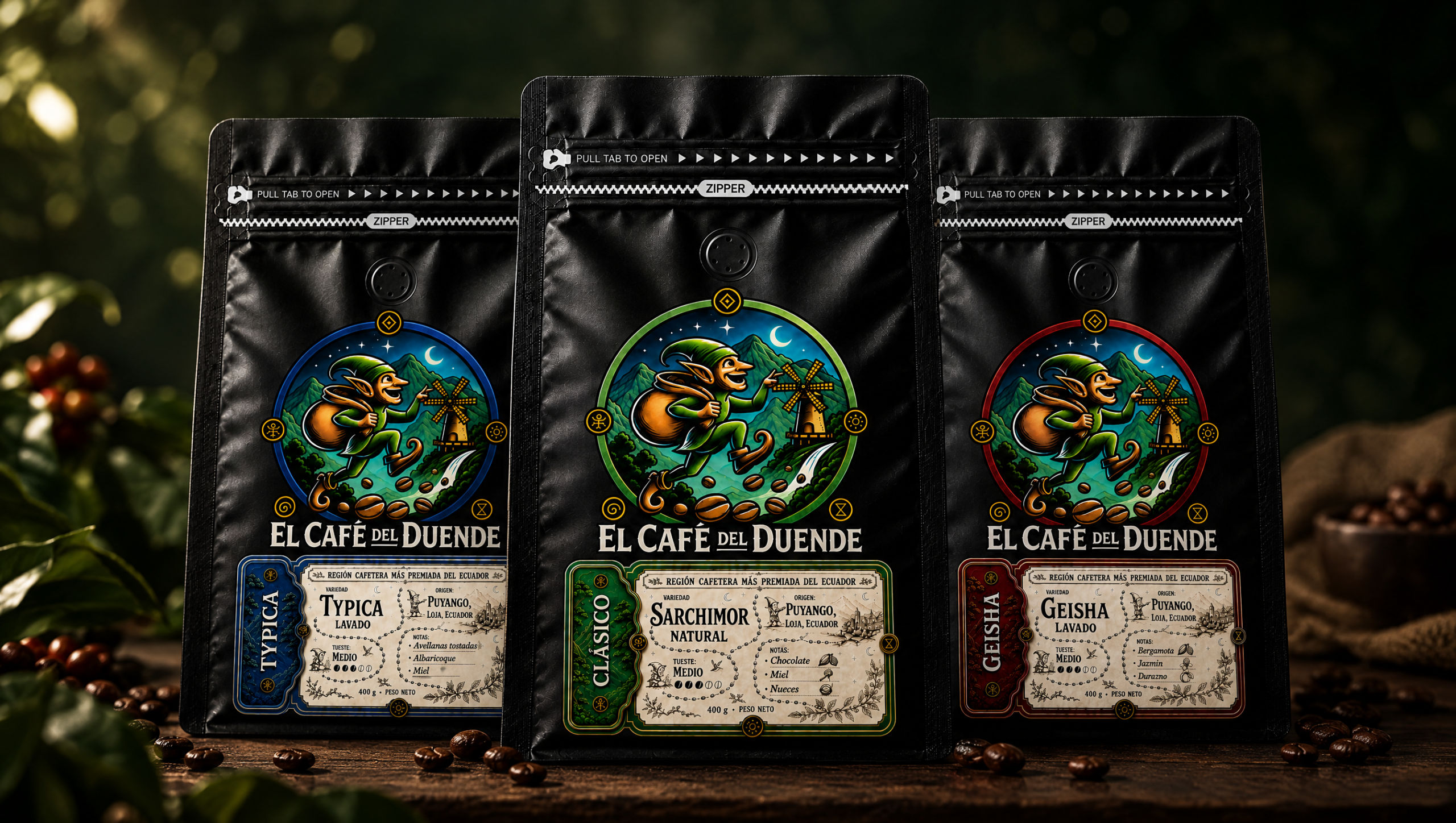Fundas de El Café del Duende: Clásico, Typica y Geisha.