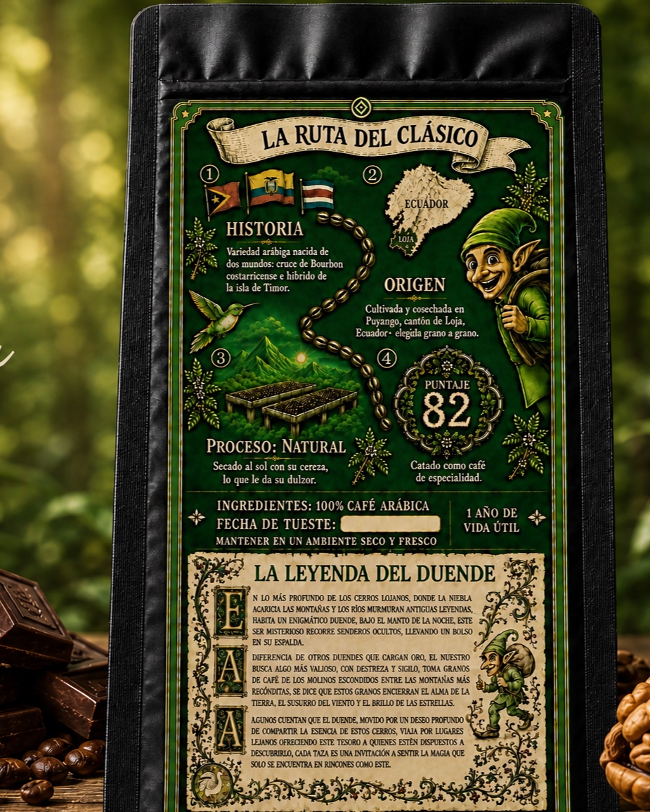 Funda de El Café del Duende, variedad Clásico, vista trasera con la ruta y ficha técnica.