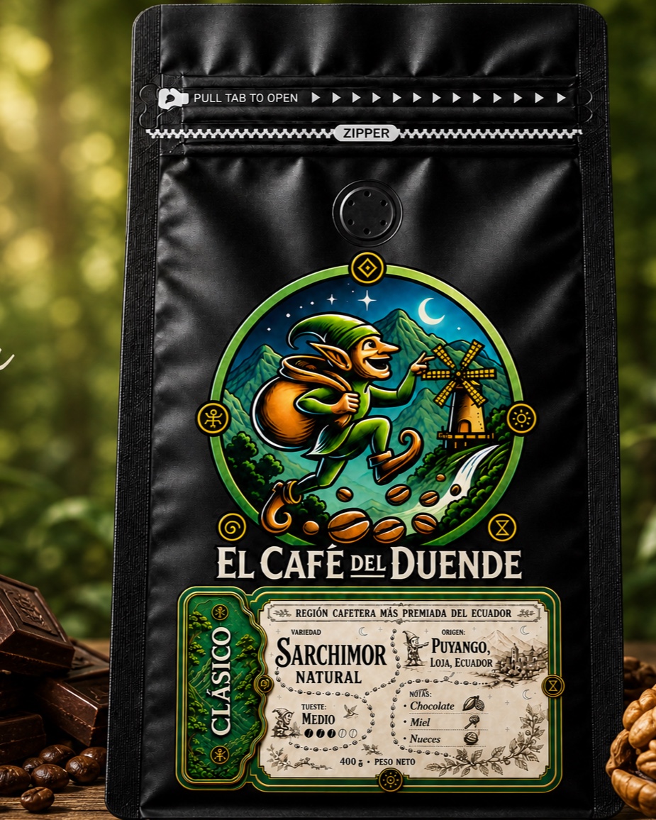 Funda de El Café del Duende, variedad Clásico, ambientada con chocolate, nueces y bosque de fondo.