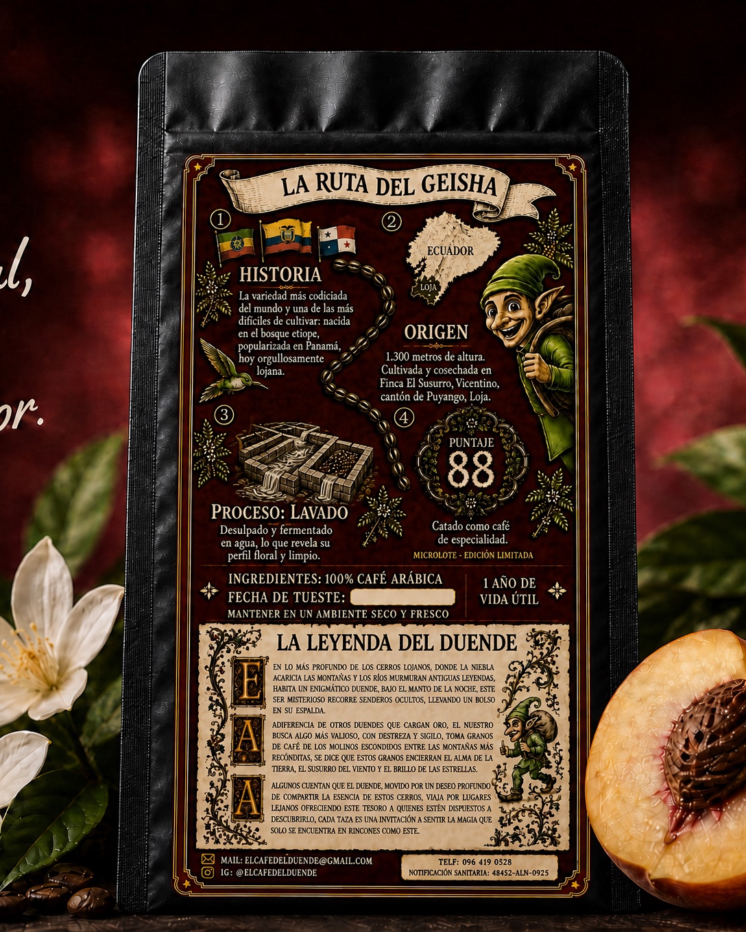 Funda de El Café del Duende, variedad Geisha, vista trasera con la ruta y ficha técnica.