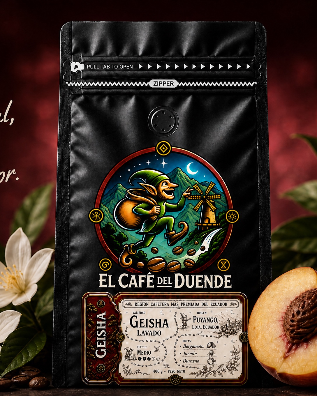 Funda de El Café del Duende, variedad Geisha, ambientada con durazno y limón sobre fondo vino.