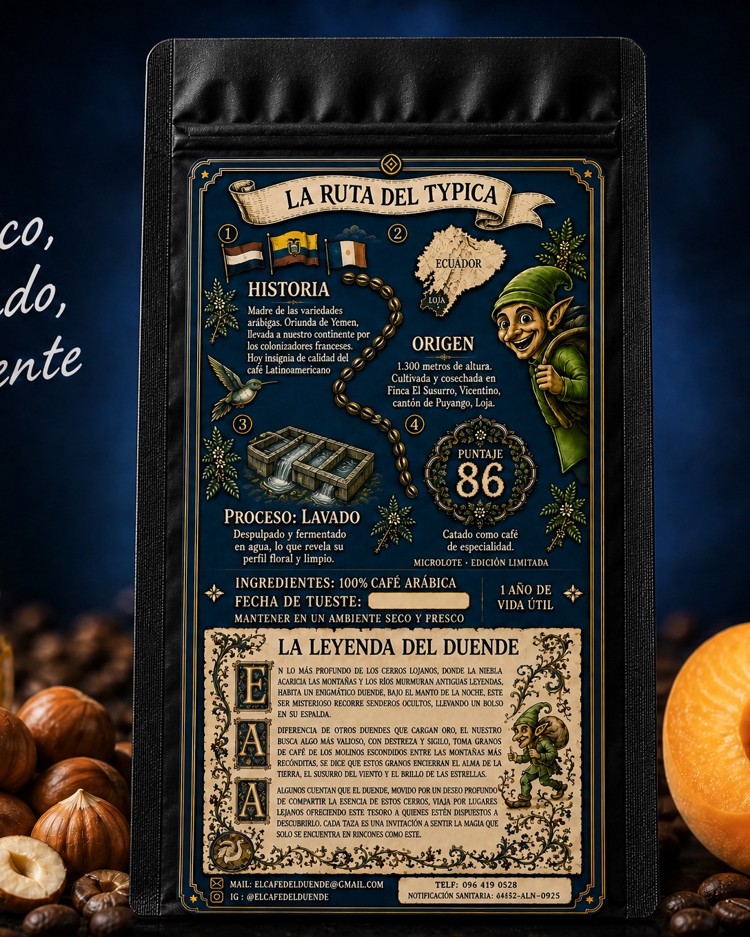 Funda de El Café del Duende, variedad Typica, vista trasera con la ruta y ficha técnica.