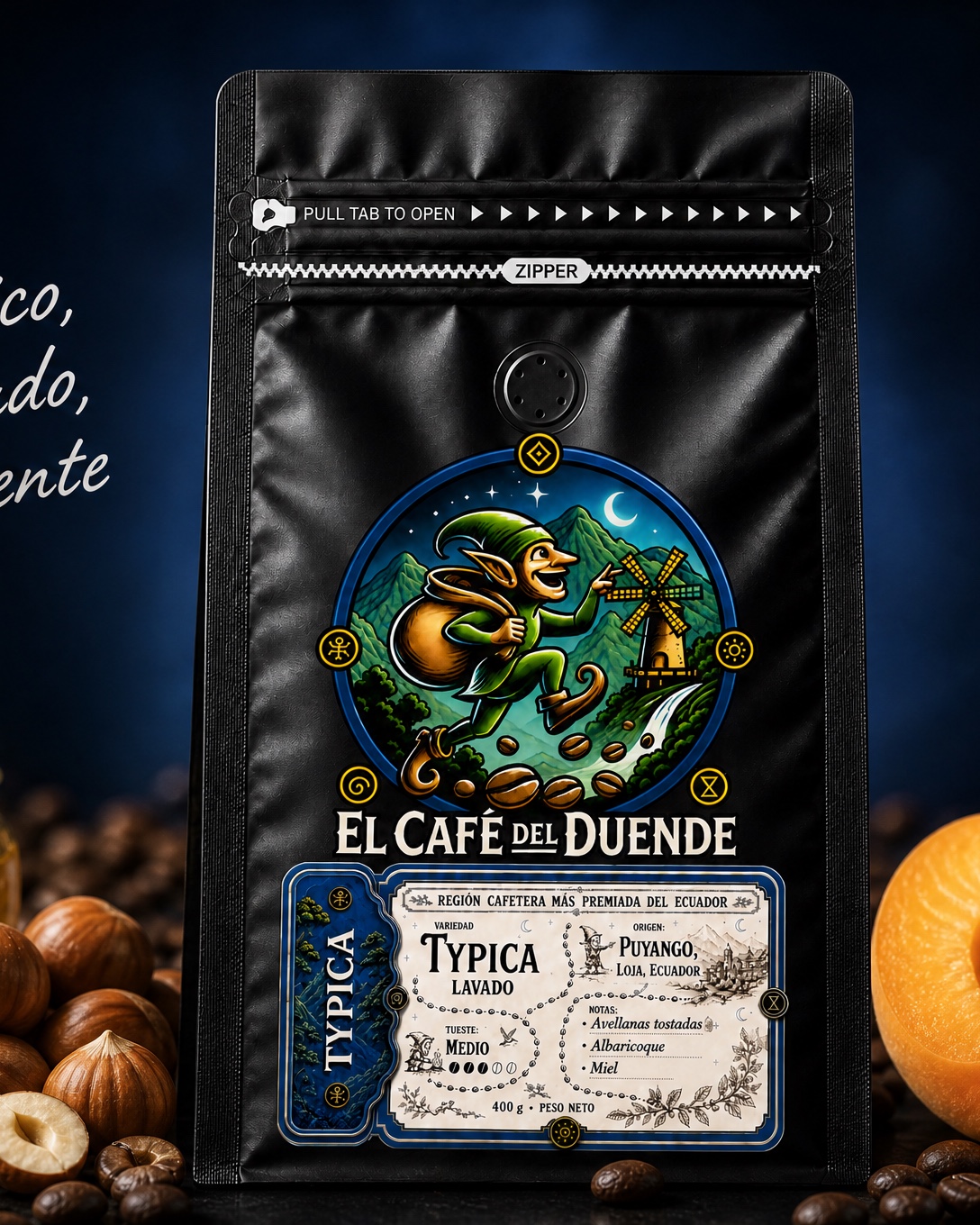 Funda de El Café del Duende, variedad Typica, ambientada con avellanas, miel y albaricoque.